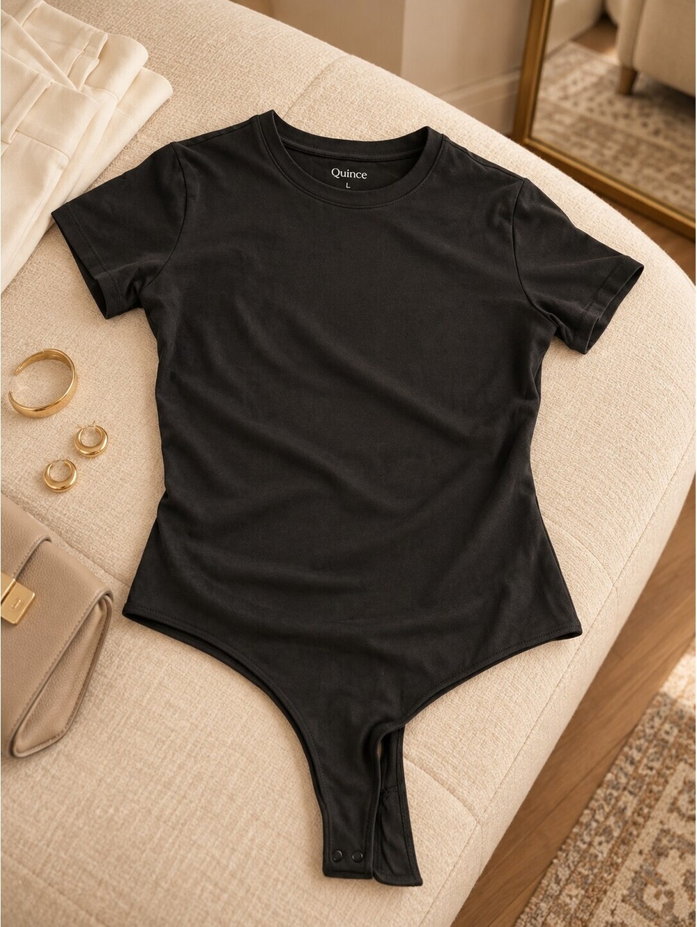 Quince Organic Cotton Short Sleeve Crew Neck Bodysuit Black Size L NWT